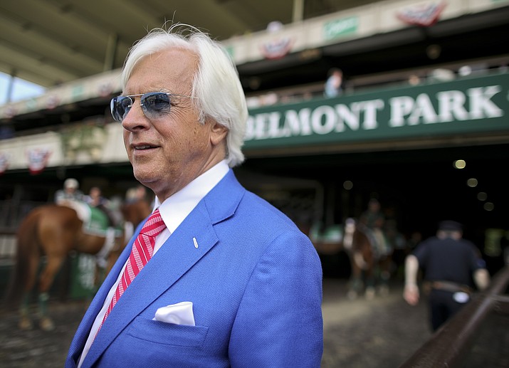 Trainer Bob Baffert walks out to the winner’s circle after the Brooklyn Invitational Stakes horse race at Belmont Park, Saturday, June 9, 2018, in Elmont, N.Y. Hoppertunity, trained by Baffert, won the race. (Mary Altaffer/AP)