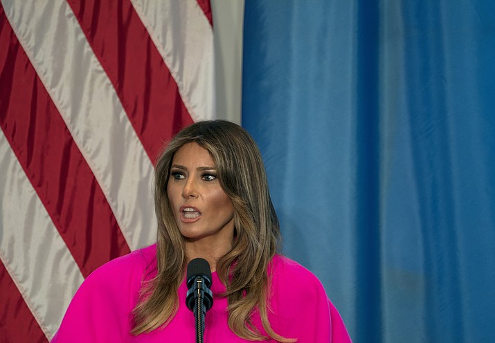 In this Sept. 20, 2017, file photo, first lady Melania Trump addresses a luncheon at the U.S. Mission to the United Nations in New York. Trump "hates" to see families separated at the border and hopes "both sides of the aisle" can reform the nation's immigration laws, according to a statement Sunday, June 17, 2018, about the controversy over separation of immigrant parents and children at the U.S.-Mexico border. (AP Photo/Craig Ruttle, File)

