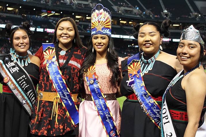 Royalty showed up in large numbers for Native American Recognition Day at Chase Field June 3. From left: Miss Hopi First Attendant Kelly Tungovia, Miss Indian Arizona First Attendant Kaelie Nash, Miss Indian Arizona Mariah Sharpe, Miss Indian Arizona Second Attendant Lexie James and Miss Hopi Mikela Gamble. (Stan Bindell/NHO) 