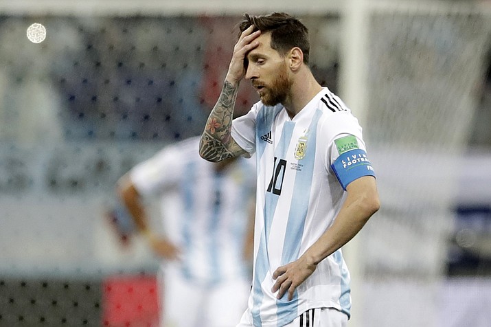 Argentina’s Lionel Messi reacts after the third goal of Croatia during the group D match between Argentina and Croatia at the 2018 soccer World Cup in Nizhny Novgorod Stadium in Nizhny Novgorod, Russia, Thursday, June 21, 2018. Croatia won 3-0. (Petr David Josek/AP)