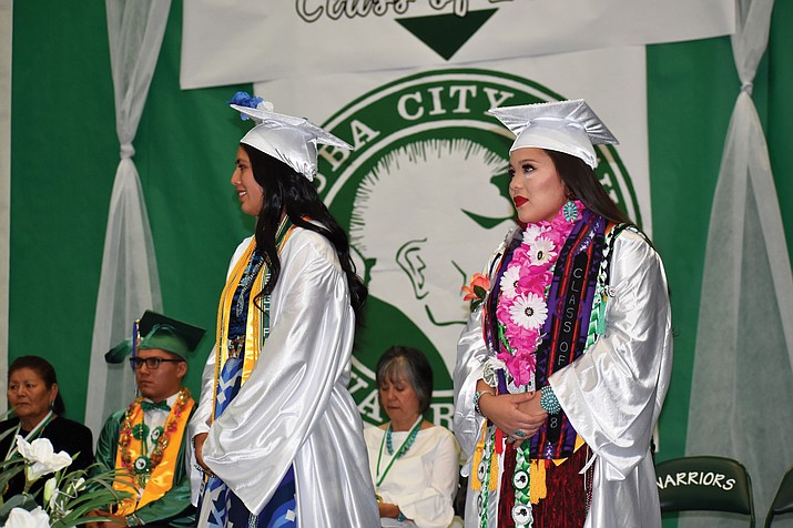 Tuba City High Schools co-salutatorians, Kayleigh Paddock (left) and Hero Roberts (right) weretwo of the top ten seniors for Tuba City. Paddock and Roberts both recieved several full scholarship offers from colleges of their choice. (Rosanda Suetopka/NHO) 