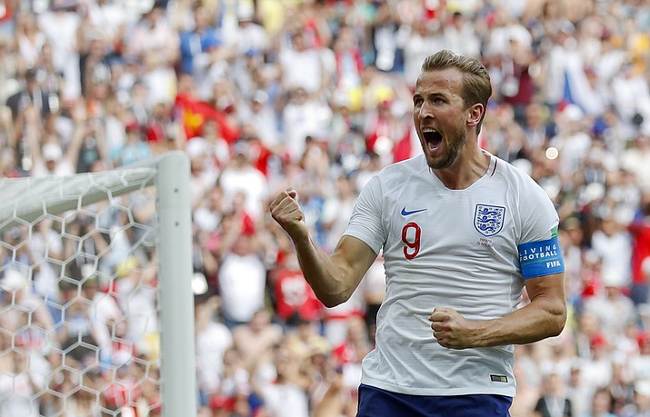 England’s Harry Kane celebrates after he scored his side’s second goal during the group G match between England and Panama at the 2018 soccer World Cup at the Nizhny Novgorod Stadium in Nizhny Novgorod, Russia, Sunday, June 24, 2018. (Antonio Calanni/AP, File)