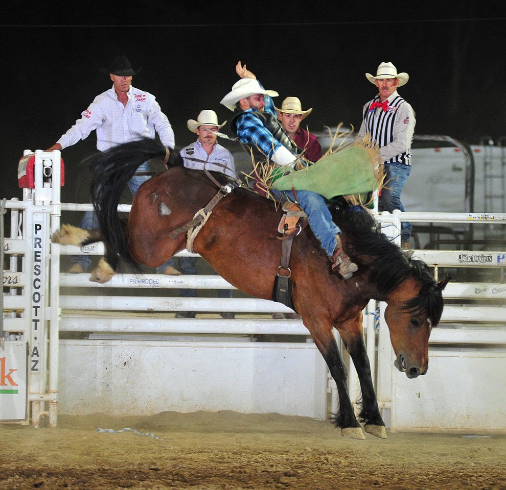 Devan Reilly scores 76 on Storm Valley in the bareback during the opening performance of the Prescott Frontier Days Rodeo Thursday, June 28, 2018. (Les Stukenberg/Courier)