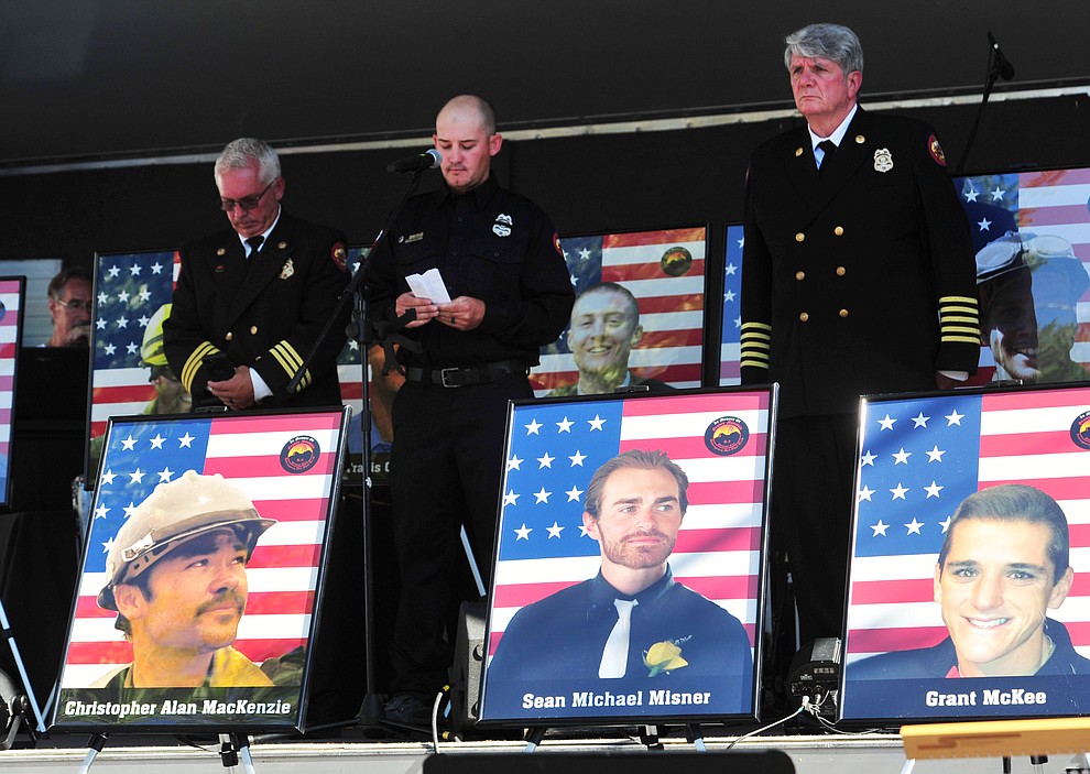 Prescott Firefighter and Granite Mountain Hotshot alumni Patrick McCarty reads the names of the fallen during a Remembrance Ceremony for the 19 Granite Mountain Hotshots Saturday, June 30, 2018.(Les Stukenberg/Courier)