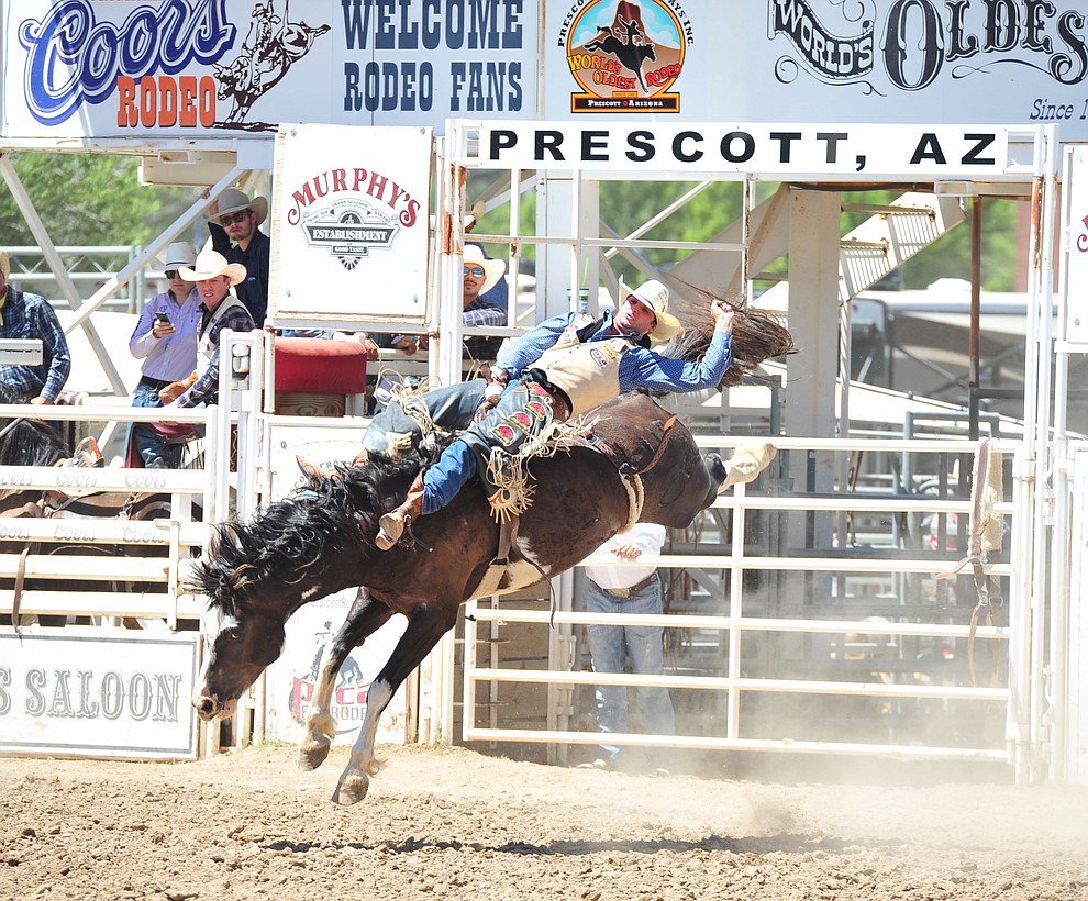 Taylor Broussard scores 81 on Sweetwater in the bareback during the third performance of the Prescott Frontier Days Rodeo Saturday, June 30, 2018.(Les Stukenberg/Courier)