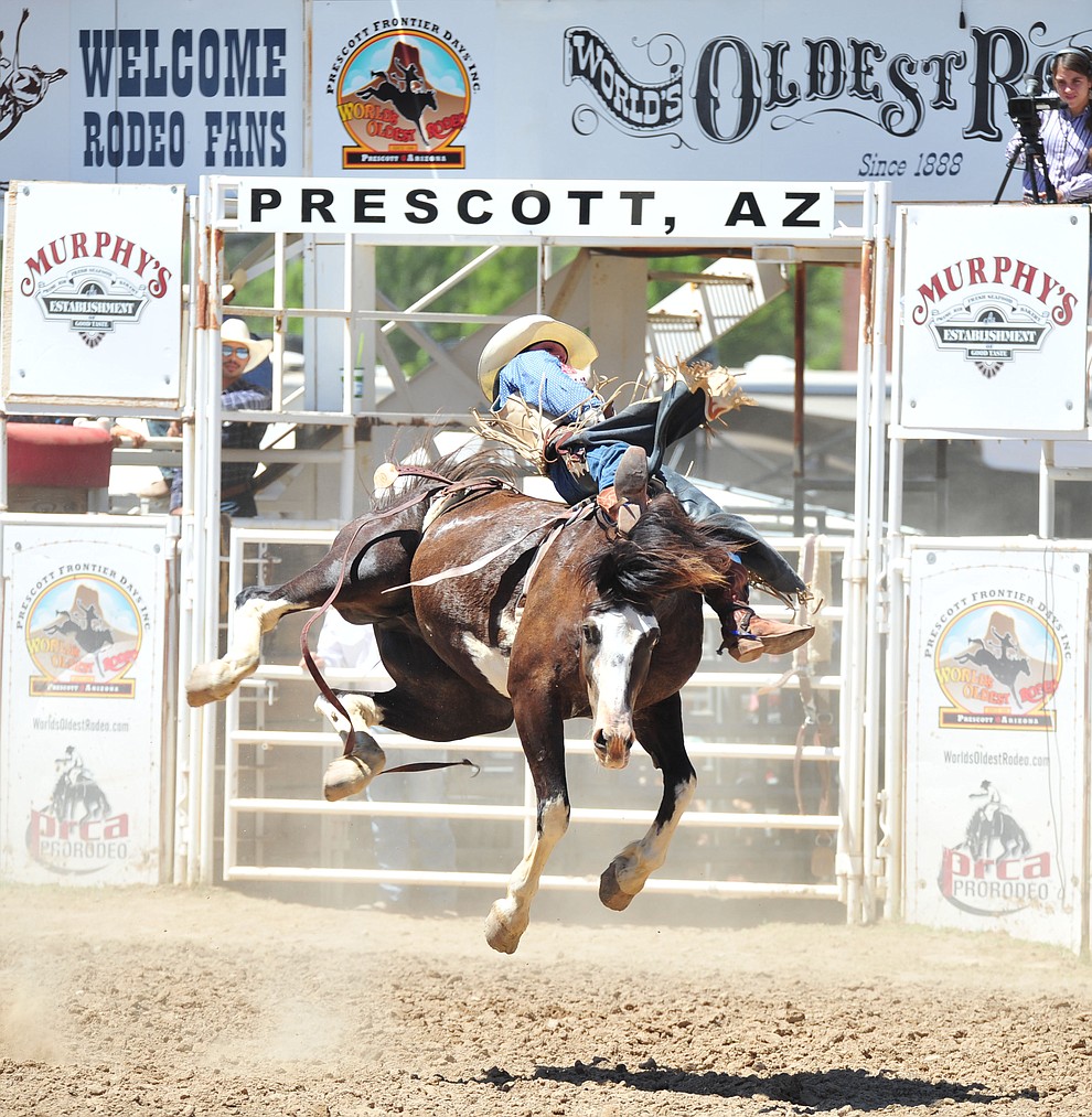 Taylor Broussard scores 81 on Sweetwater in the bareback during the third performance of the Prescott Frontier Days Rodeo Saturday, June 30, 2018.(Les Stukenberg/Courier)