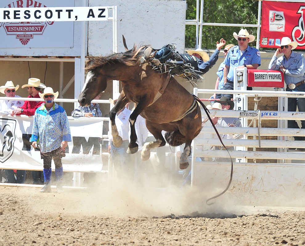 Wyatt Denny scores 76.5 on 239 in the bareback during the third performance of the Prescott Frontier Days Rodeo Saturday, June 30, 2018.(Les Stukenberg/Courier)