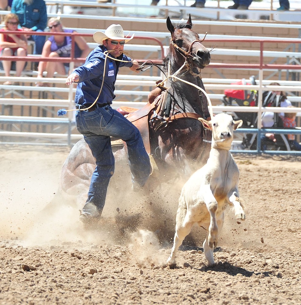 Sterling Smith gets off for a 10.4 second run in the tie down roping during the third performance of the Prescott Frontier Days Rodeo Saturday, June 30, 2018.(Les Stukenberg/Courier)