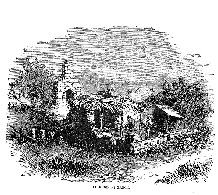 An 1864, John Ross Browne sketch of the ruins of “Bill Rhodes Ranch” on the Santa Cruz River. (Public domain)
