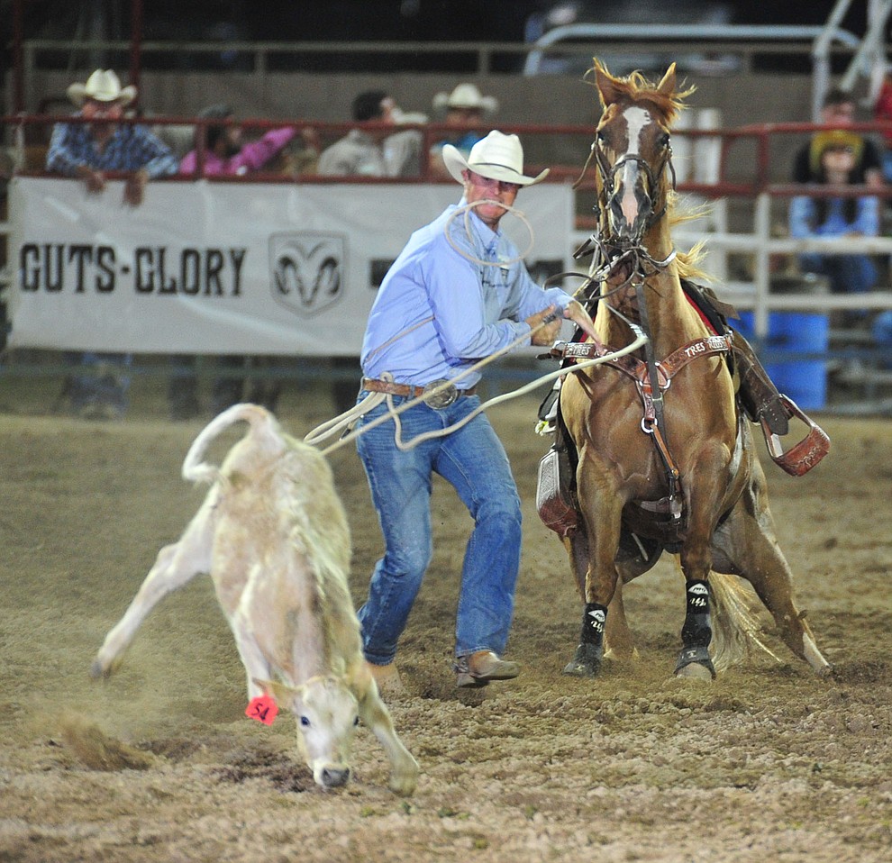 Luke Jeffries in the tie down roping during the 5th performance of the Prescott Frontier Days Rodeo Sunday, July 1, 2018. (Les Stukenberg/Courier)