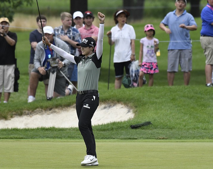 Sung Hyun Park, of South Korea, reacts after making a birdie putt during the second hole of a playoff on the 16th hole to win the KPMG Women’s PGA Championship golf tournament at Kemper Lakes Golf Club in Kildeer, Ill., Sunday, July 1, 2018. (David Banks/AP Photo)