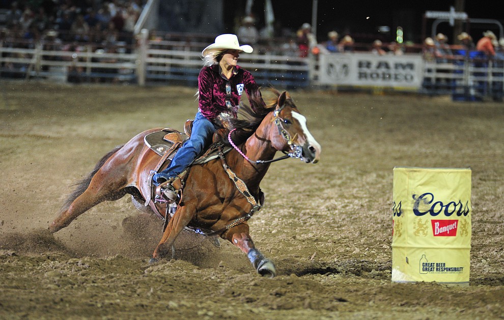 Jodee Miller in the barrel race during the 5th performance of the Prescott Frontier Days Rodeo Sunday, July 1, 2018. (Les Stukenberg/Courier)