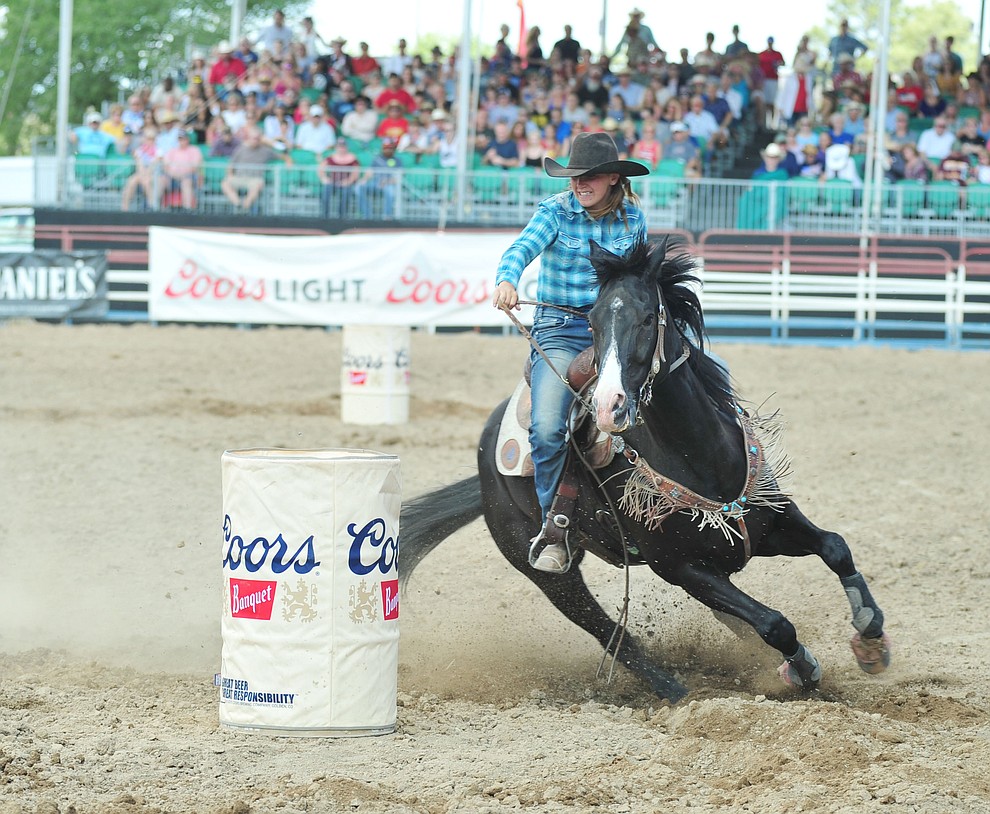 Cabrina Vickers in the barrel race during the final performance of the 2018 Prescott Frontier Days Rodeo Wednesday, July 4, 2018. (Les Stukenberg/Courier)