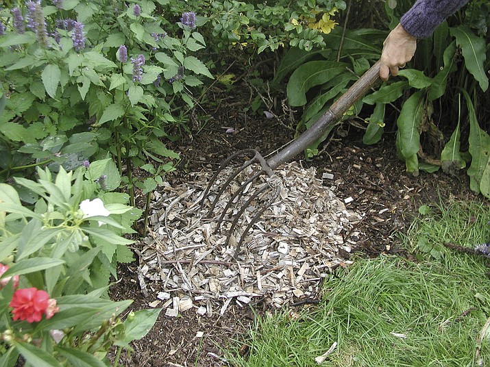 This undated photo shows mulch being applied to a flower bed. A bulky organic material such as wood chips, although low in nutrients, will over time decompose to boost soil fertility. (Lee Reich via AP)