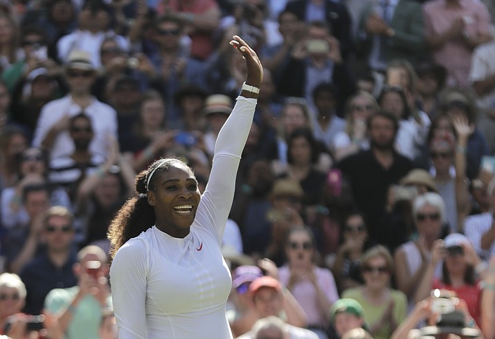 Serena Williams of the United States celebrates winning her women’s singles quarterfinals match against Italy’s Camila Giorgi, at the Wimbledon Tennis Championships, in London, Tuesday July 10, 2018.(Ben Curtis/AP Photo)