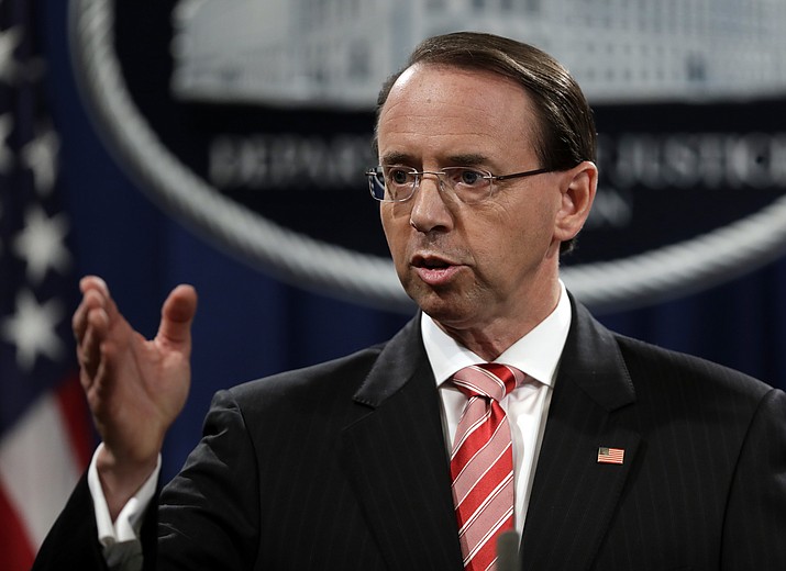 Deputy Attorney General Rod Rosenstein speaks during a news conference at the Department of Justice, Friday, July 13, 2018, in Washington. (AP Photo/Evan Vucci)

