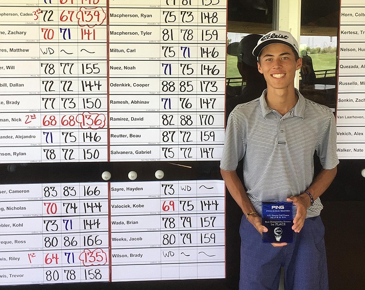 Riley Lewis of Prescott poses for a photo in front of a leaderboard for the 2018 Arizona Junior Masters Invitational on Wednesday, July 18, 2018, in Tempe. Lewis claimed the tournament title with a 7-under par 135 during the two-day event at Karsten Golf Course. (John Gunby/Courtesy)