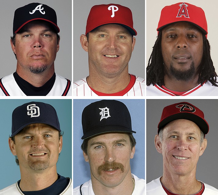 These are players being inducted into the Baseball Hall of Fame on Sunday, July 29, 2018. Top row from left are Chipper Jones, James Thome and Vladimir Guerrero. Bottom row from left are Trevor Hoffman, Jack Morris and Alan Trammell. (AP Photo/File)