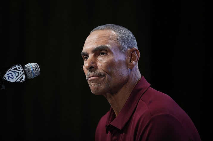 Arizona State head coach Herm Edwards pauses while speaking at the Pac-12 Conference NCAA college football Media Day in Los Angeles, Wednesday, July 25, 2018. (Jae C. Hong/AP)