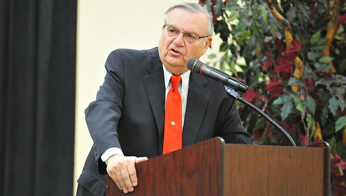 In this Courier file photo Joe Arpaio answers questions from the crowd at a Republican primary United States Senate candidate town hall event on March 30, 2018, at the Prescott Adult Center. (Les Stukenberg/Courier, file)
