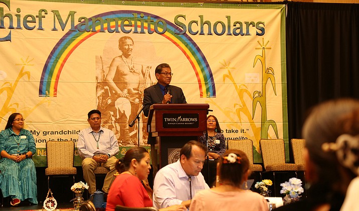 Navajo President Russell Begaye spoke to recipients of the 2018 Chief Manuelito Scholarships during an awards presentation at Twin Arrows July 25. (Office of the President and Vice President)