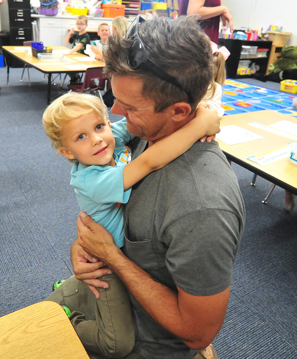 Jack and Jason Bennett say goodbye in kindergarten at Abia Judd Elementary School Thursday, August 2, 2018 as Prescott Unified School District starts the 2018-19 school year. (Les Stukenberg/Courier)