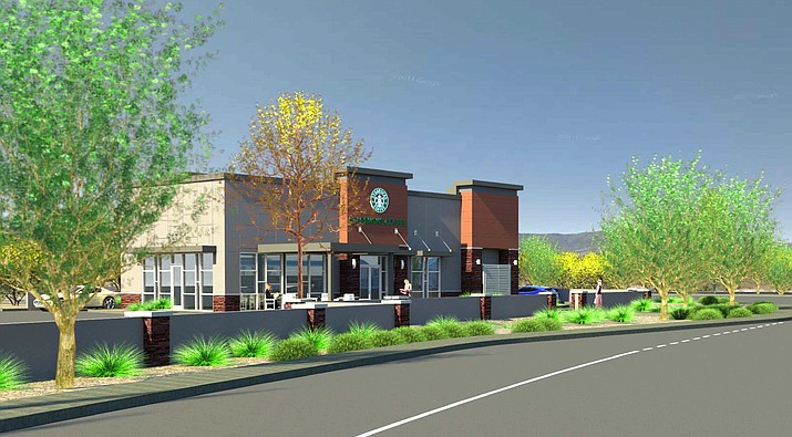 The proposed Cottonwood Starbucks on the southwest corner of Arizona 260 and Arizona 89A; the view from 260 looking in a north westerly direction. Image courtesy of Cottonwood Planning and Zoning