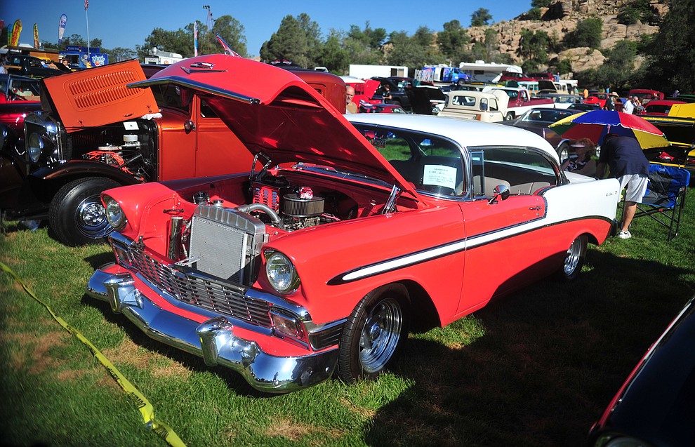 A 1956 Chevrolet Bel Air as the Prescott Antique Auto Club puts on its 44th annual show Saturday, August 4, 2018 at Watson Lake. The show continues through Sunday, August 5, 2018. (Les Stukenberg/Courier)