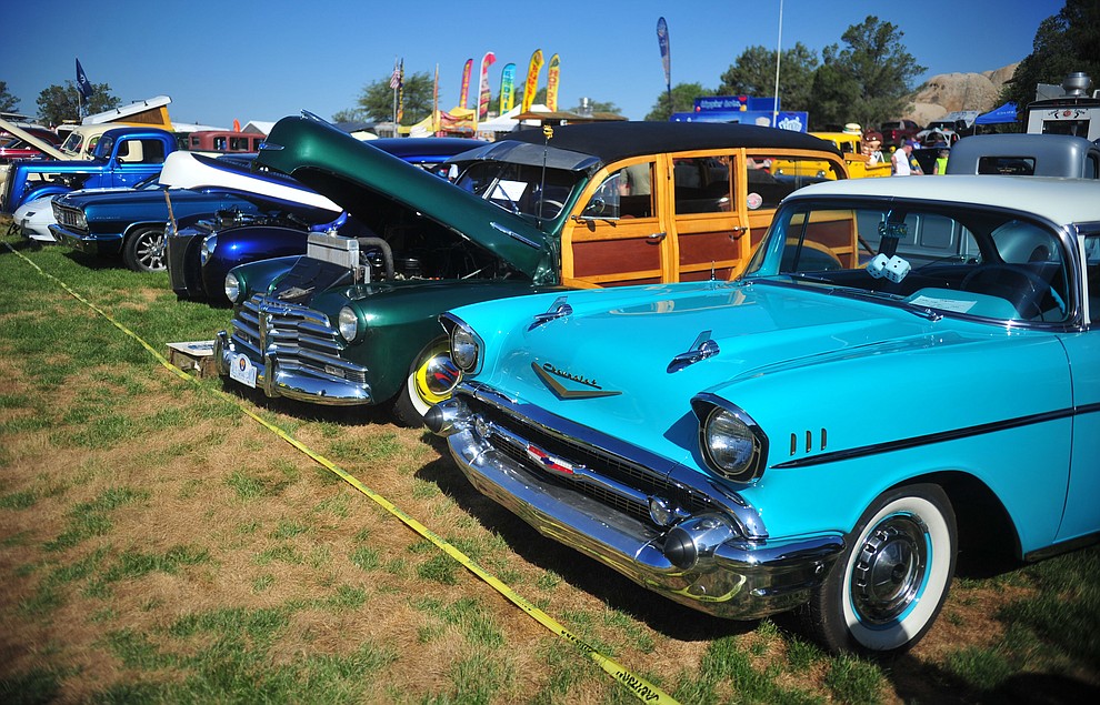 Loads of cars on dsiplay as the Prescott Antique Auto Club puts on its 44th annual show Saturday, August 4, 2018 at Watson Lake. The show continues through Sunday, August 5, 2018. (Les Stukenberg/Courier)