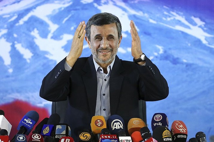 In this April, 5, 2017 file photo, former Iranian President Mahmoud Ahmadinejad gives a press conference in Tehran, Iran. Ahmadinejad’s quest to return to the spotlight now includes weighing in on a spat between President Donald Trump and basketball star LeBron James. Ahmadinejad used Twitter -- which is banned in Iran -- to write Sunday, Aug. 5, 2018 that: “In my opinion everyone especially a President should love all, and not differentiate between them.” He added that he loved NBA greats James and Michael Jordan, as well as former Denver Nuggets player Mahmoud Abdul-Rauf. (AP Photo/Ebrahim Noroozi, File)

