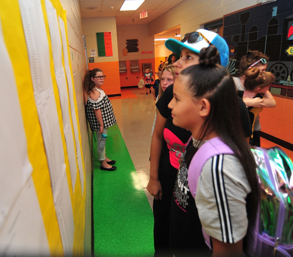 Jackie Figueroa and Chloe Fox, from left, check the class list on the first day of school at Coyote Springs Elementary in Prescott Valley Monday, August 6, 2018. (Les Stukenberg/Courier)