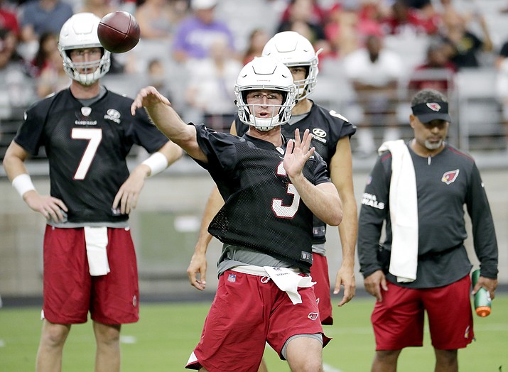 Arizona Cardinals quarterback Josh Rosen (3) throws during the first day, July 28, 2018, of NFL football training camp in Glendale, Ariz. Rosen figures to get plenty of playing time in the preseason, beginning with his NFL debut Saturday night against the Los Angeles Chargers. (Matt York/AP, File)