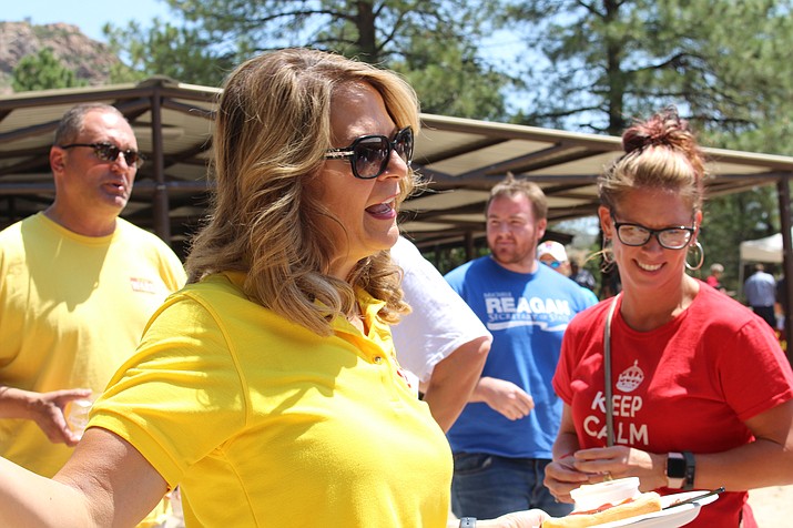 Kelli Ward has launched a website, MarthaMcFake.com, which Ward says documents McSally’s record of flip-flopping on issues. Ward was also at the Mohave County Republican picnic on July 28 where she allegedly grabbed a campaign pin that was given to opponent Joe Arpaio by one of her volunteers and threw it to the ground, but inadvertently hit Arpaio’s director of communications. (Photo by Vanessa Espinoza/Daily Miner)