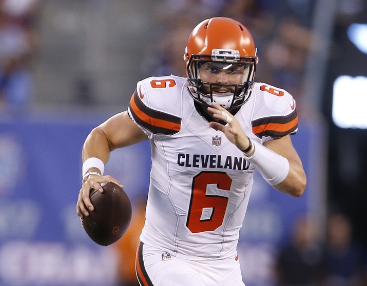 Cleveland Browns quarterback Baker Mayfield (6) looks to pass during the first half of a preseason NFL football game against the New York Giants, Thursday, Aug. 9, 2018, in East Rutherford, N.J. (Adam Hunger/AP)