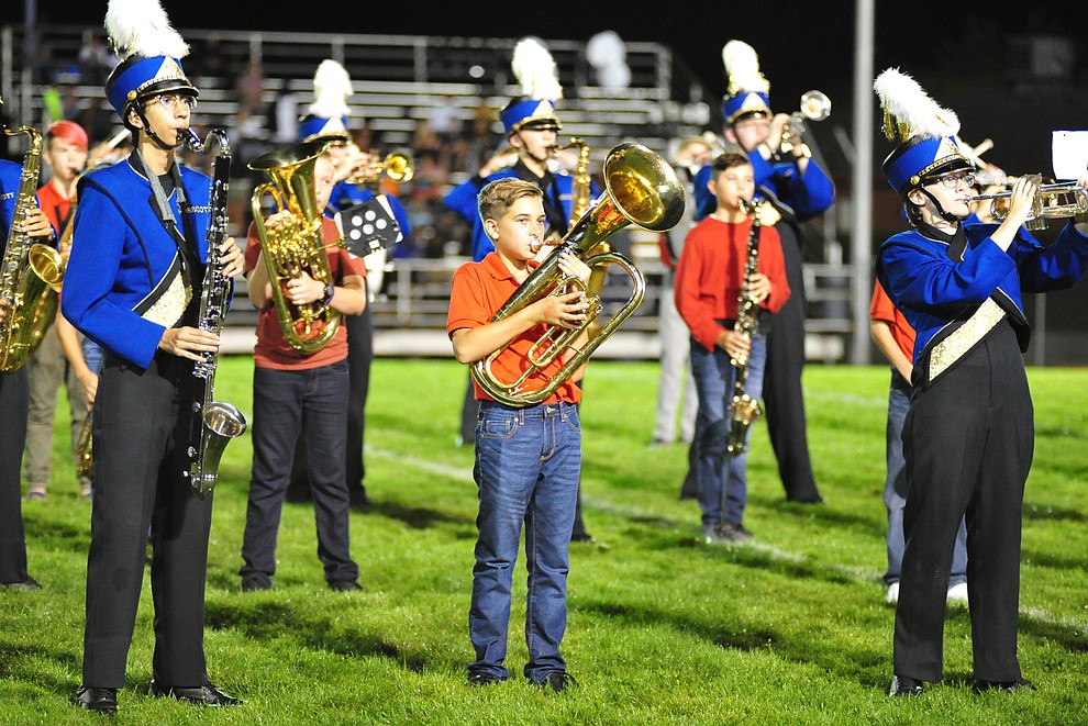 The Pride of Prescott Marching Band and the Prescott Mile High Middle School band combined to entertain the crowd during halftime as the Badgers take on Desert Edge Friday August 17, 2018 to open the 2018 football season. (Les Stukenberg/Courier)