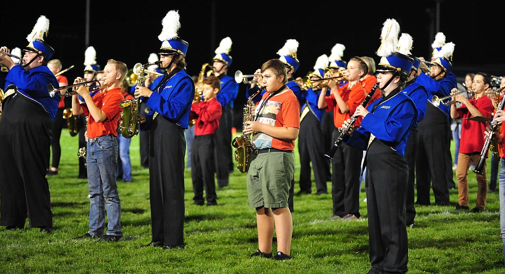 The Pride of Prescott Marching Band and the Prescott Mile High Middle School band combined to entertain the crowd during halftime as the Badgers take on Desert Edge Friday August 17, 2018 to open the 2018 football season. (Les Stukenberg/Courier)