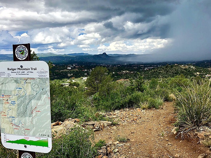 A monsoon storm moves in on the Badger Mountain Trail Thursday, Aug. 16. Since November 2017, the new 3.2-mile section of trail has provided an alternative to the Turley and Boy Scout trails. While those trails are still in place and available for use, they are no longer a part of the 55-mile Prescott Circle Trail, which was rerouted to take in new section of Badger Mountain Trail. (Cindy Barks/Courier)