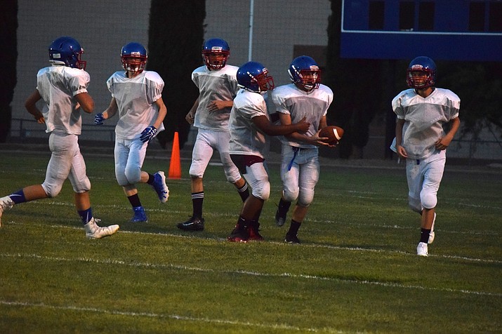 Camp Verde celebrates a touchdown during their scrimmage at home against Sanders Valley on Thursday night. VVN/James Kelley