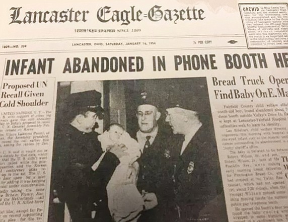 The January 16, 1954 front page of the Lancaster Eagle-Gazette reported that a baby boy was discovered in a telephone booth. The mystery would take 64 years and a DNA test to be solved. (Lancaster Eagle-Gazette January 16, 1954 front page)