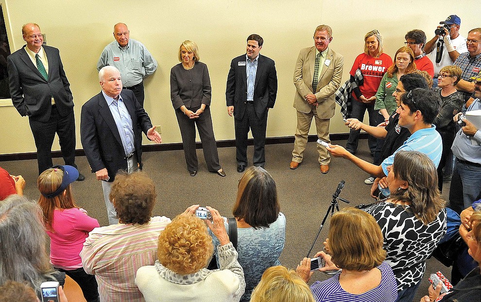 Prescott 10-08-10.Matt Hinshaw/The Daily Courier.Senator John McCain talks to the crowd Friday afternoon during an informal meet and greet with Governor Jan Brewer in Prescott.