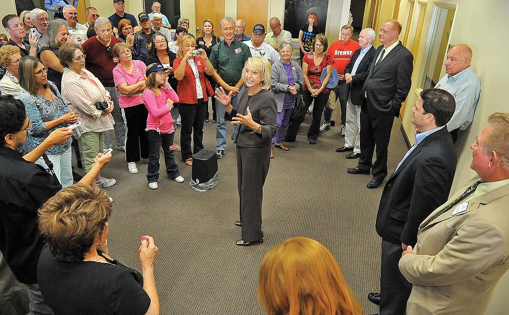 Prescott 10-08-10.Matt Hinshaw/The Daily Courier.Governor Jan Brewer talks to the crowd Friday afternoon during an informal meet and greet in Prescott.