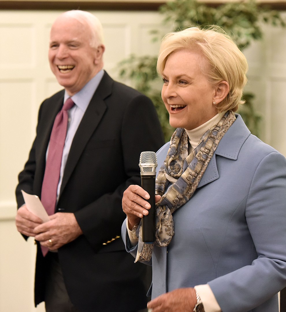 Cindy McCain and her husband Sen. John McCain laugh at one of Cindy's jokes Tuesday morning March 29, 2016 at the Hassayampa Inn while hosting a coffee reception in Prescott. (Matt Hinshaw/The Daily Courier)