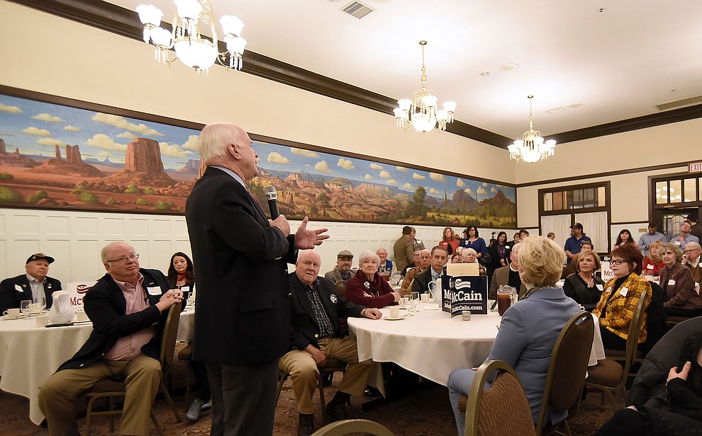 Sen. John McCain talks to a room full of people about running for re-election Tuesday morning March 29, 2016 at the Hassayampa Inn while hosting a coffee reception in Prescott. (Matt Hinshaw/The Daily Courier)