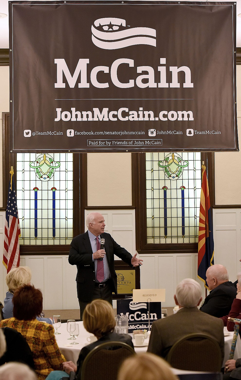 Sen. John McCain talks to a room full of people about running for re-election Tuesday morning March 29, 2016 at the Hassayampa Inn while hosting a coffee reception in Prescott. (Matt Hinshaw/The Daily Courier)