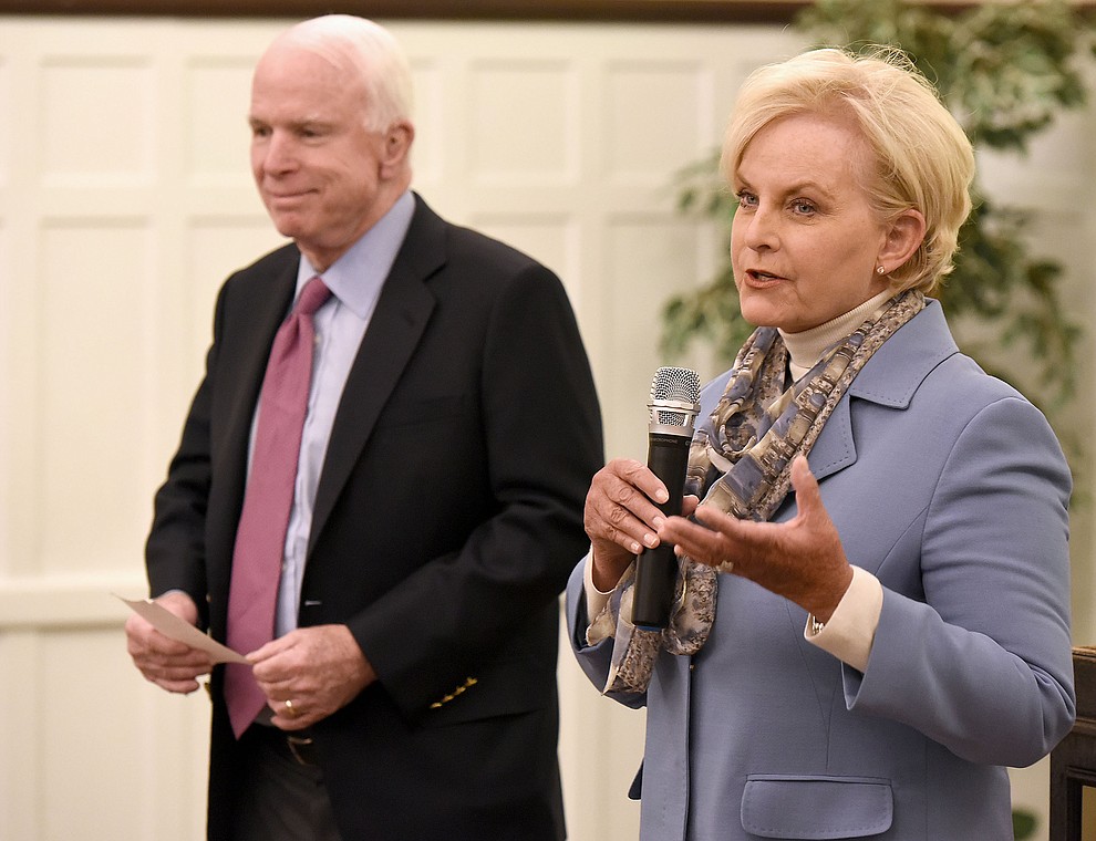 Cindy McCain talks about her husband Sen. John McCain's and her decision to have John run for re-election Tuesday morning March 29, 2016 at the Hassayampa Inn while hosting a coffee reception in Prescott. (Matt Hinshaw/The Daily Courier)
