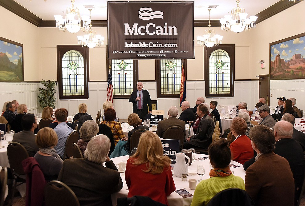 Sen. John McCain talks to a room full of people about running for re-election Tuesday morning March 29, 2016 at the Hassayampa Inn while hosting a coffee reception in Prescott. (Matt Hinshaw/The Daily Courier)
