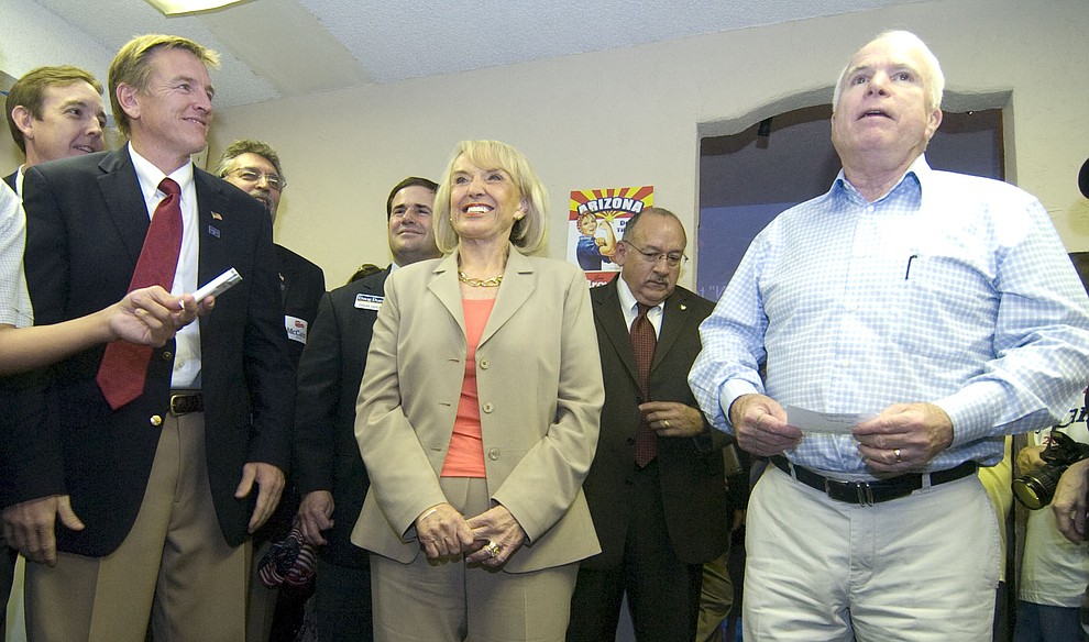 Prescott - August 26, 2010.Les Stukenberg/The Daily Courier.Dr. Paul Gosar, Governor Jan Brewer and Senator John McCain along with other Republicans running for state offices in Arizona stopped by Prescott Thursday morning to thank supporters and gather support for the upcoming general election.