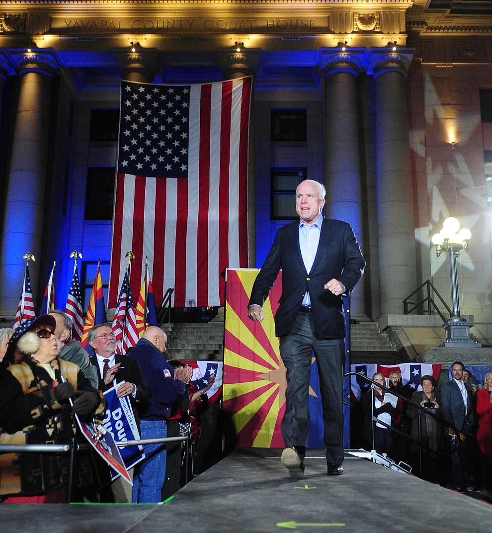Prescott - November 3, 2014.Les Stukenberg/The Daily Courier.United States Senator John McCain takes the stage during the Republican Party Victory Rally on the Yavapai County Courthouse Plaza Monday night.