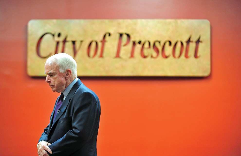 Prescott 08-29-14.Matt Hinshaw/The Daily Courier.Senator John McCain listens to a question from an audience member duing a town hall meeting Friday afternoon at the Prescott City Council Chambers. Friday also happened to be McCain's 78th birthday.