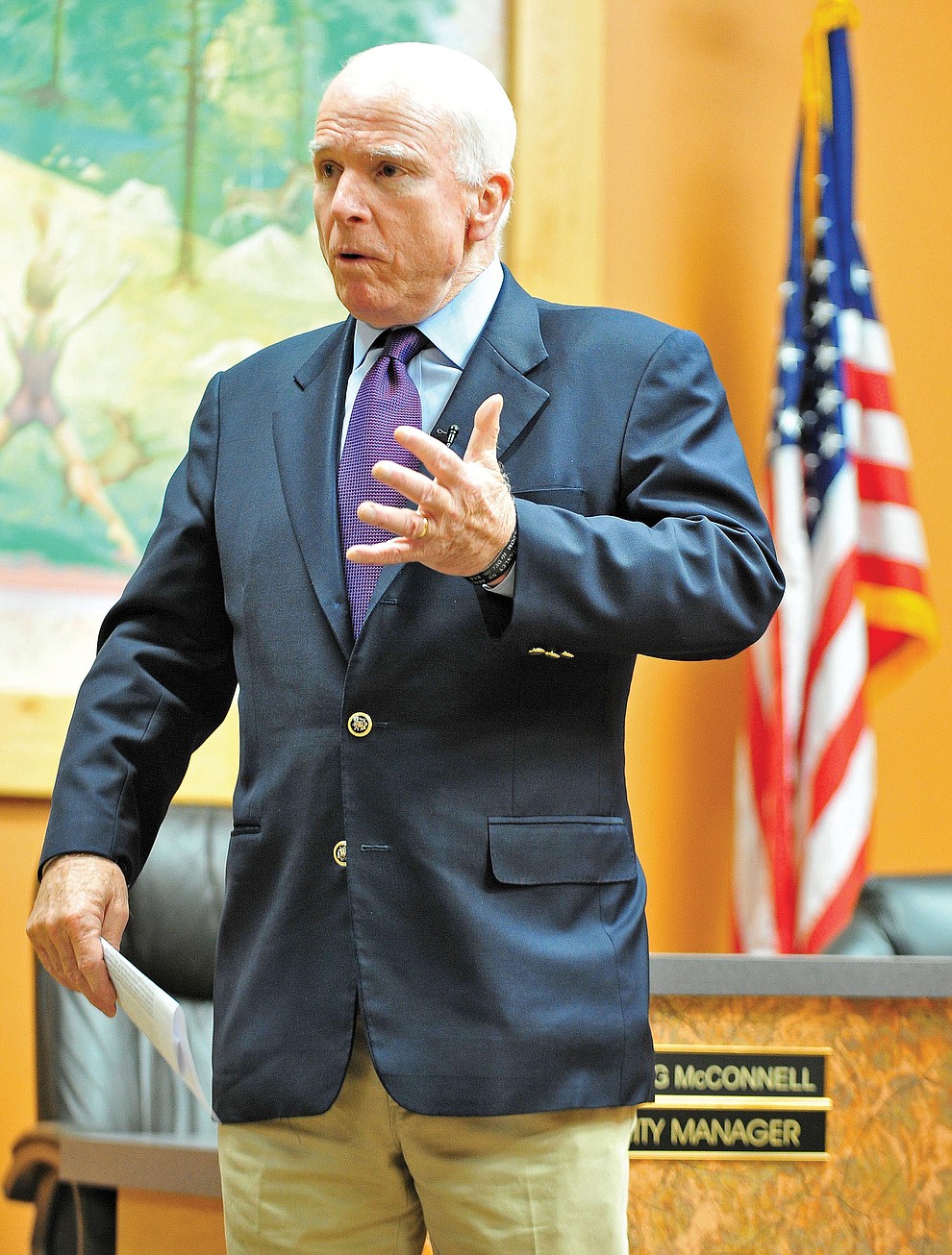 Prescott 08-29-14.Matt Hinshaw/The Daily Courier.Senator John McCain answers a question from an audience member duing a town hall meeting Friday afternoon at the Prescott City Council Chambers. Friday also happened to be McCain's 78th birthday.
